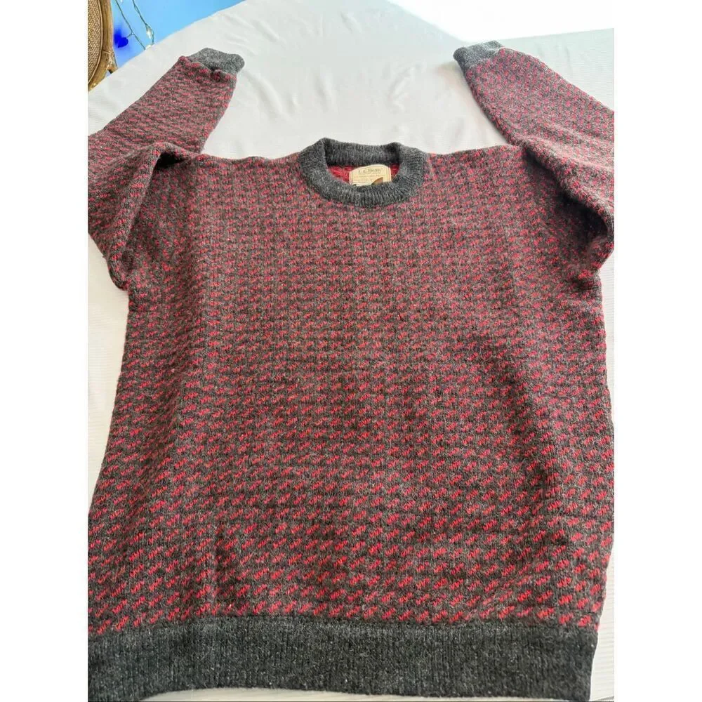 L.L. Bean VTG Wool Birdseye Heart Fisheye Norwegian Knit Sweater Size Tall Large